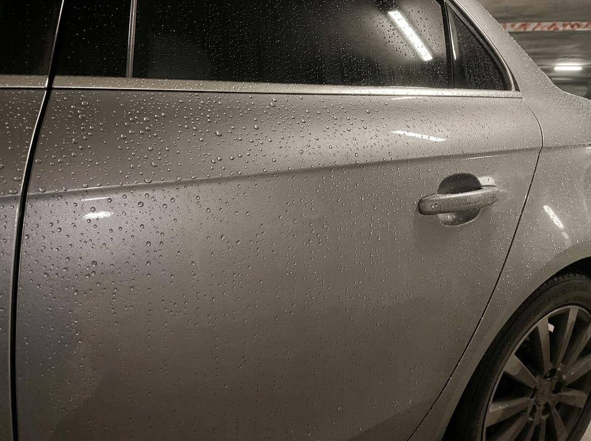 Same door after ceramic coating: water forms tight beads on the paint