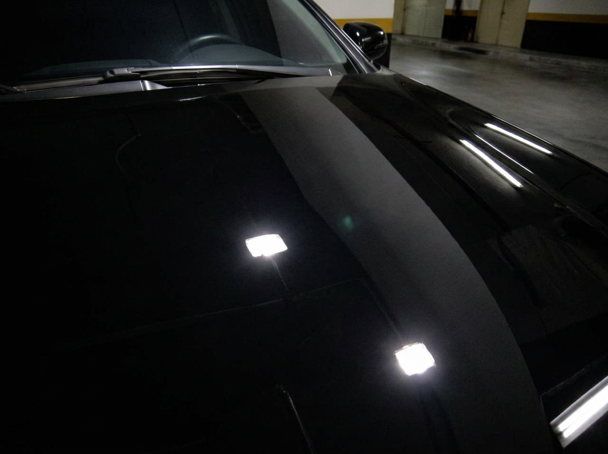 Same black hood after paint correction: crisp reflection, no swirl marks